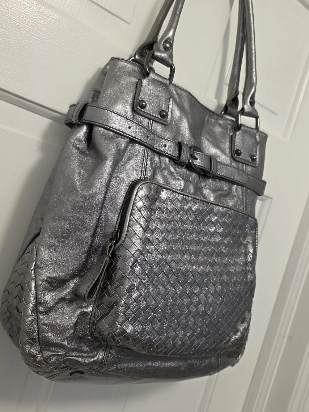 Elliott Lucca Silver Metallic Woven Front Leather Shoulder Bag, Stylish, Unique
